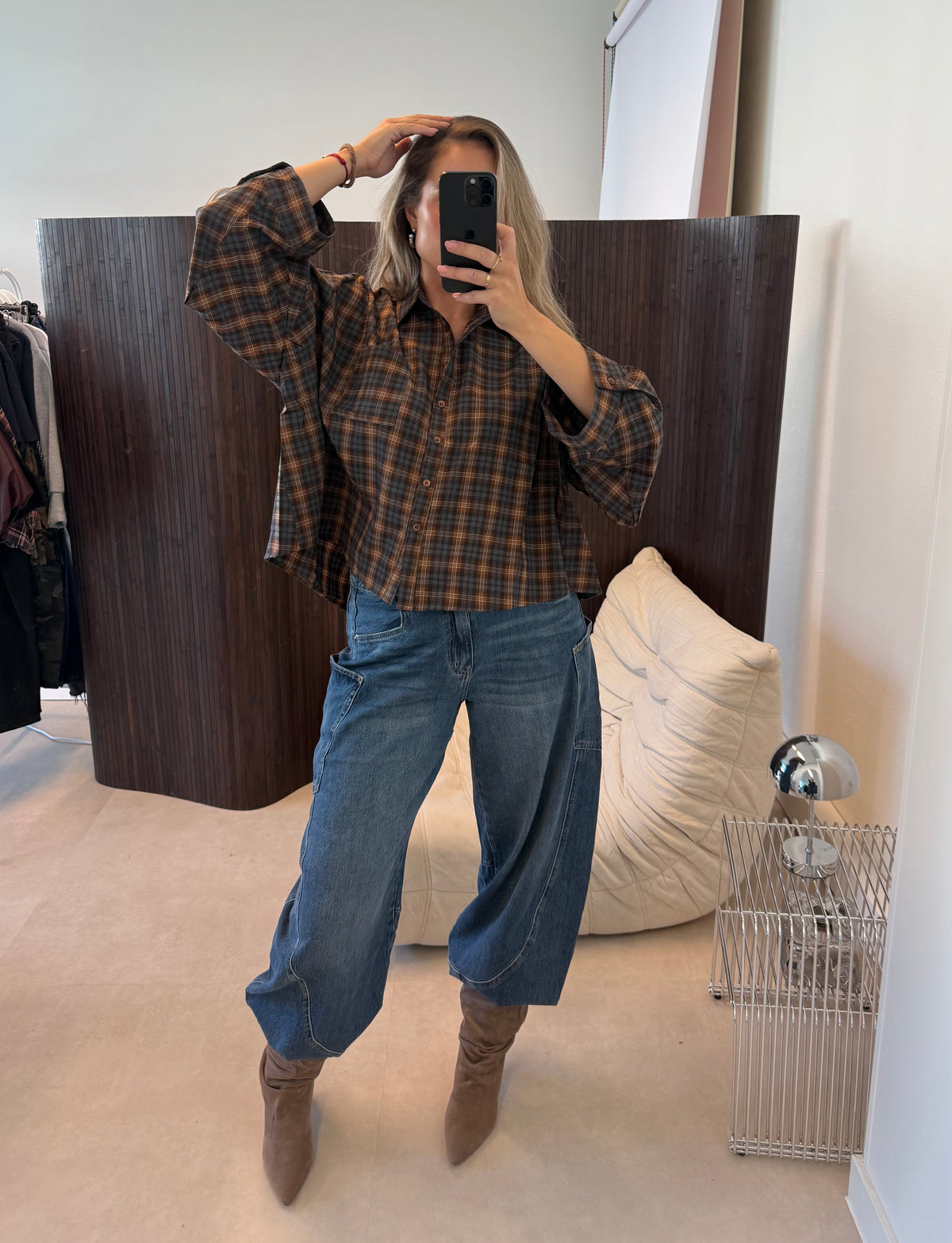 Oversized Blouse Geruit Bruin Blauw