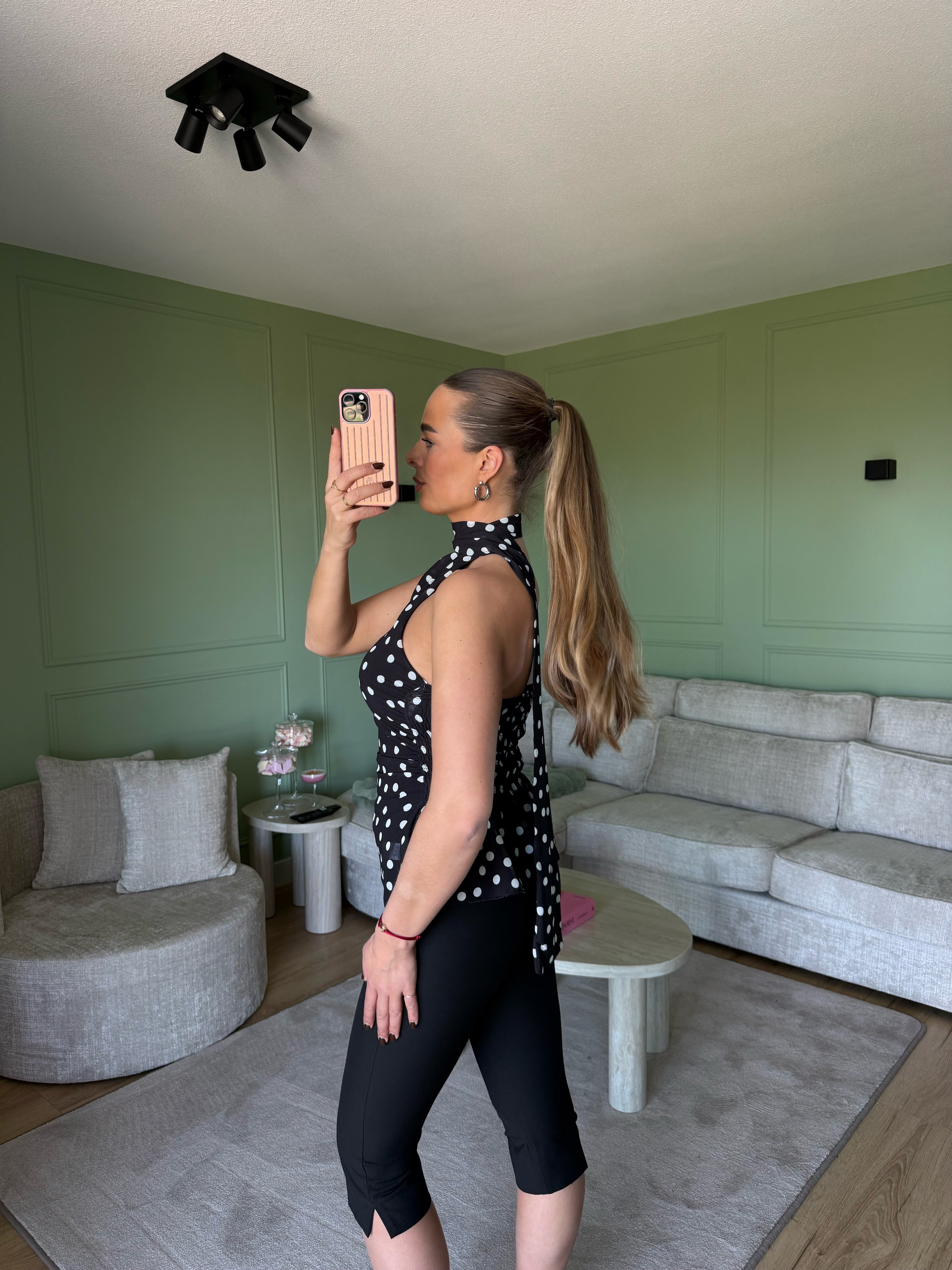 Asymmetrische Halter Top Polkadot | Zwart