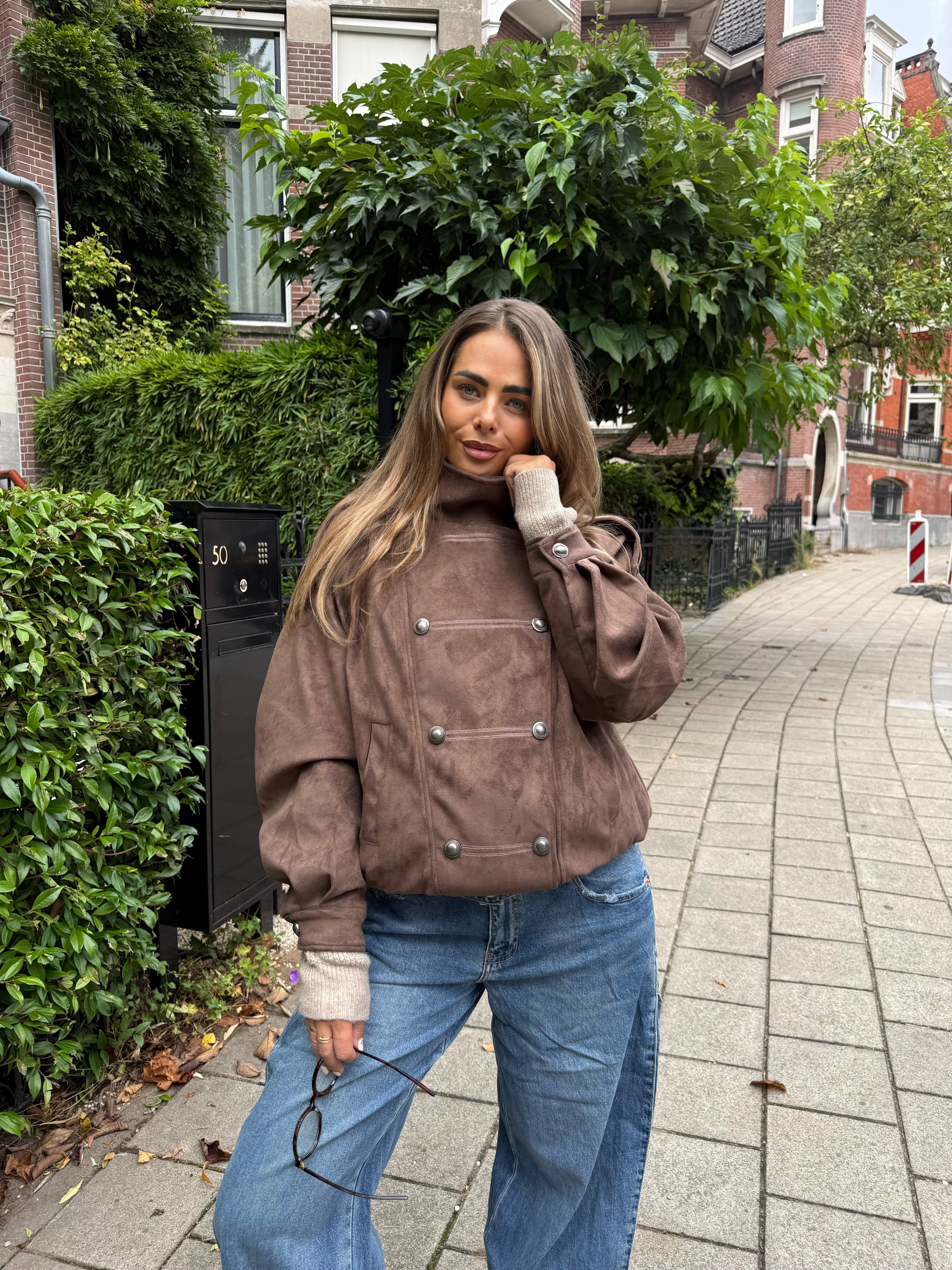 Suède Bomber Buttons Bruin