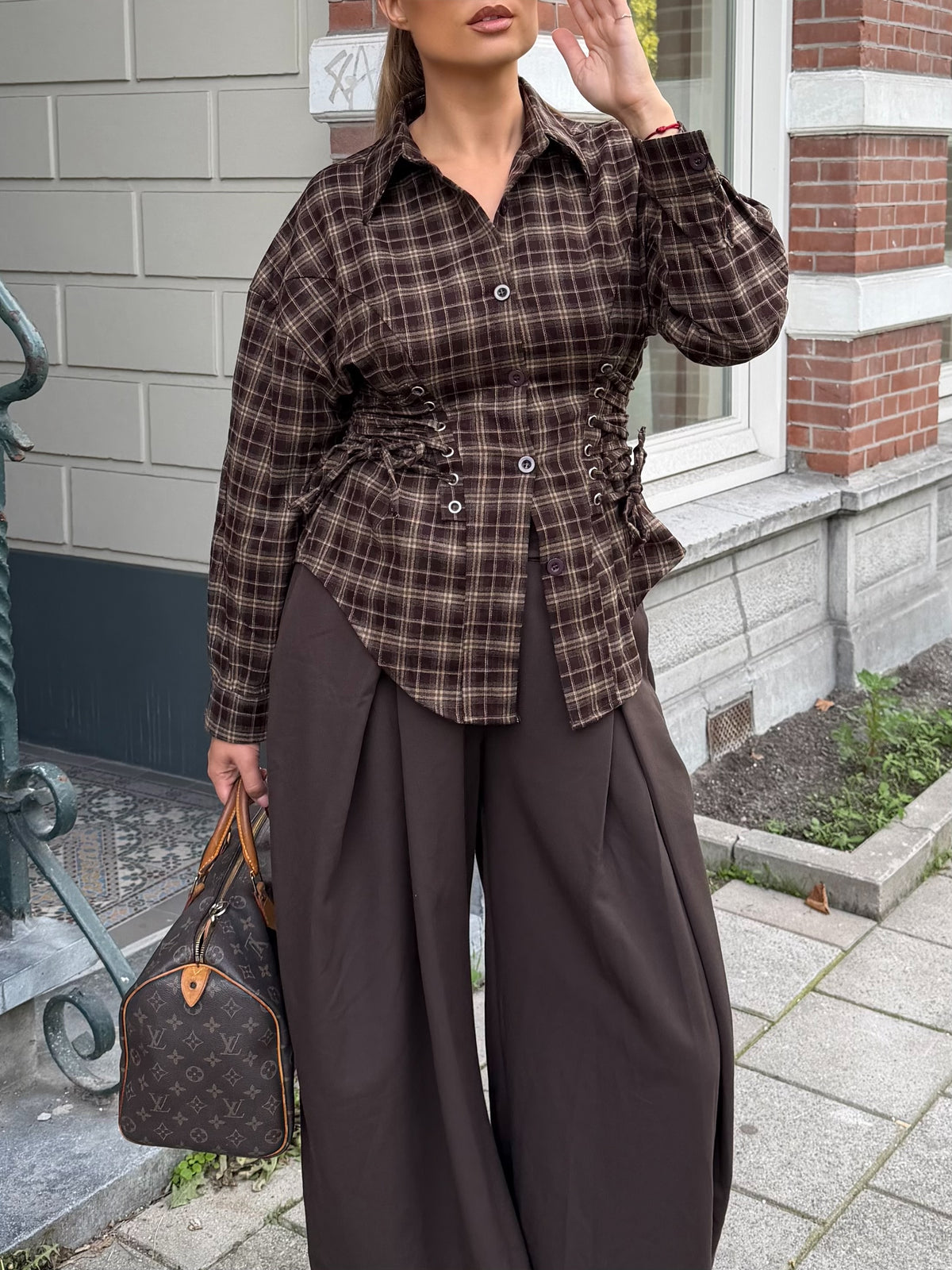 Getailleerde Blouse Geruit Bruin