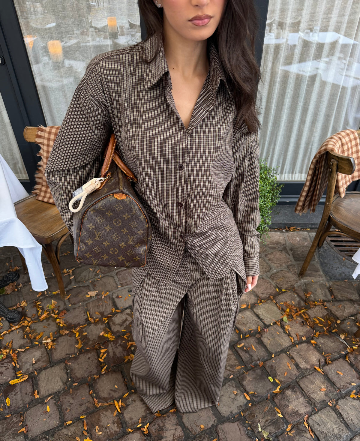 Geruite Fitted Blouse Choco