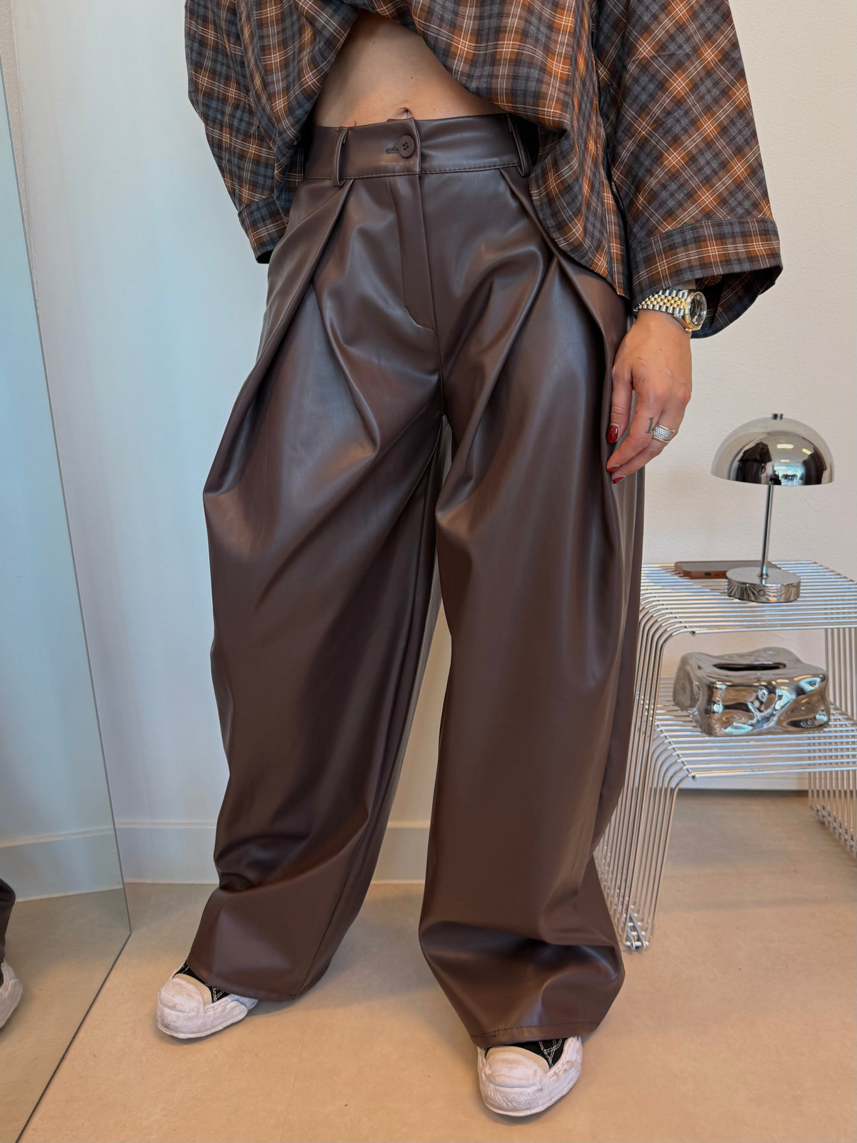 Pu Leather Pants Geplooid | Bruin