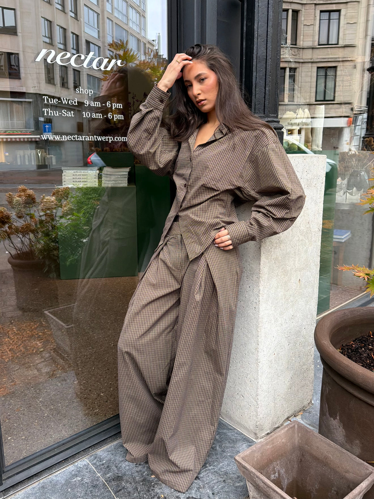 Geplooide Pantalon Geruit Choco