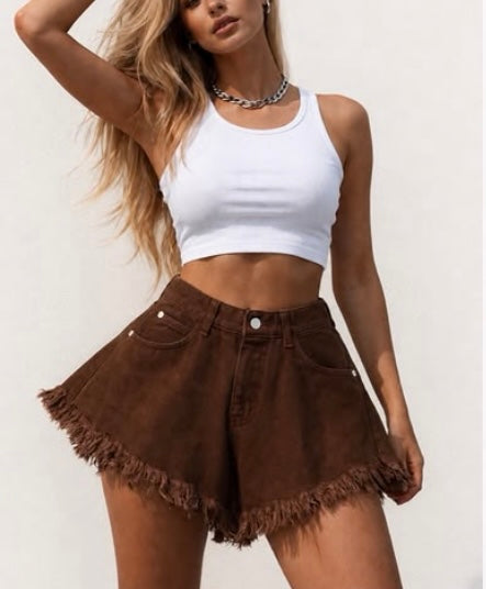 Denim Short Gerafeld Bruin