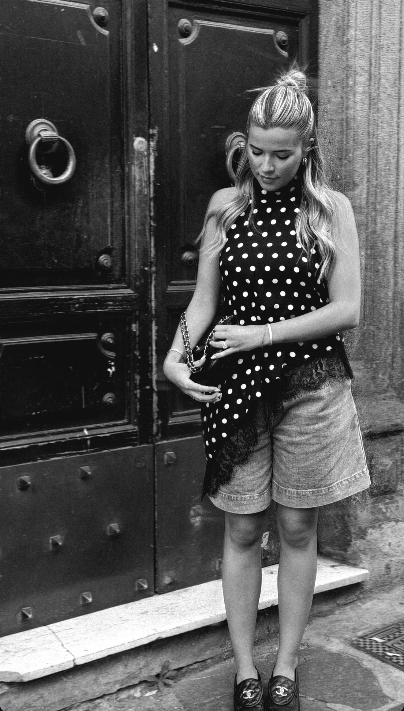 Asymmetrische Polkadot Lace Top Zwart