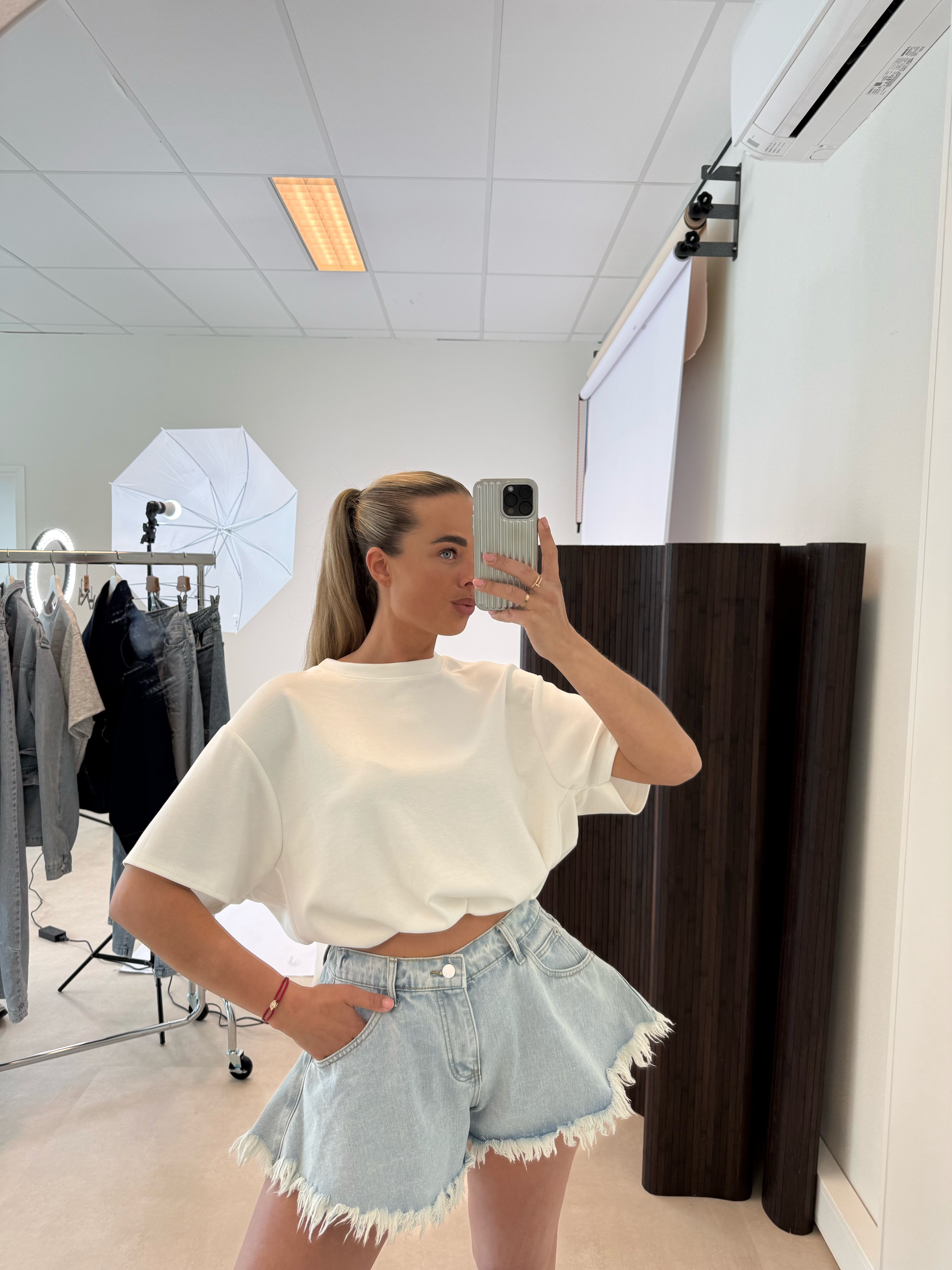 Denim Short Gerafeld Licht Blauw