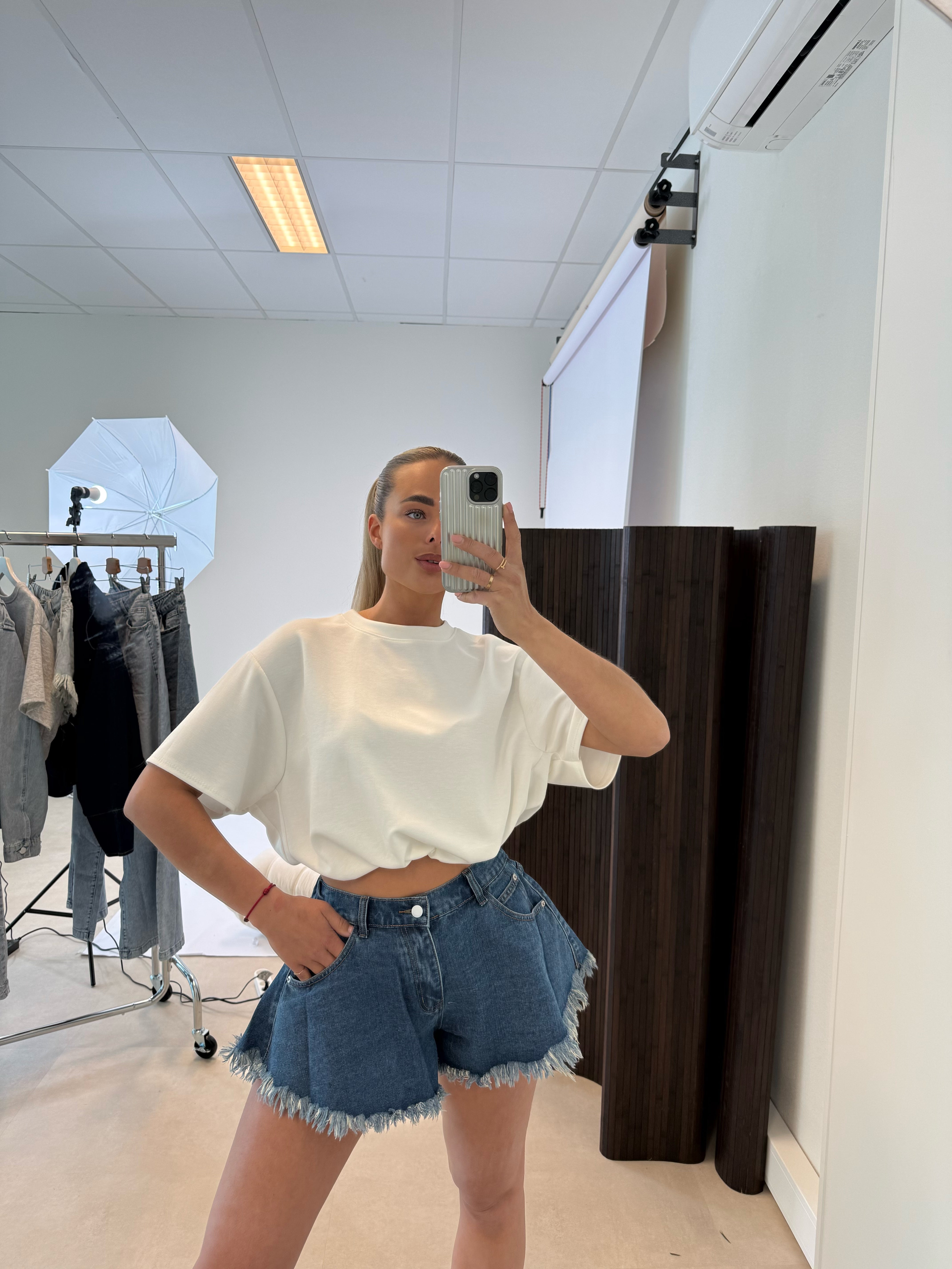 Denim Short Gerafeld Donker Blauw