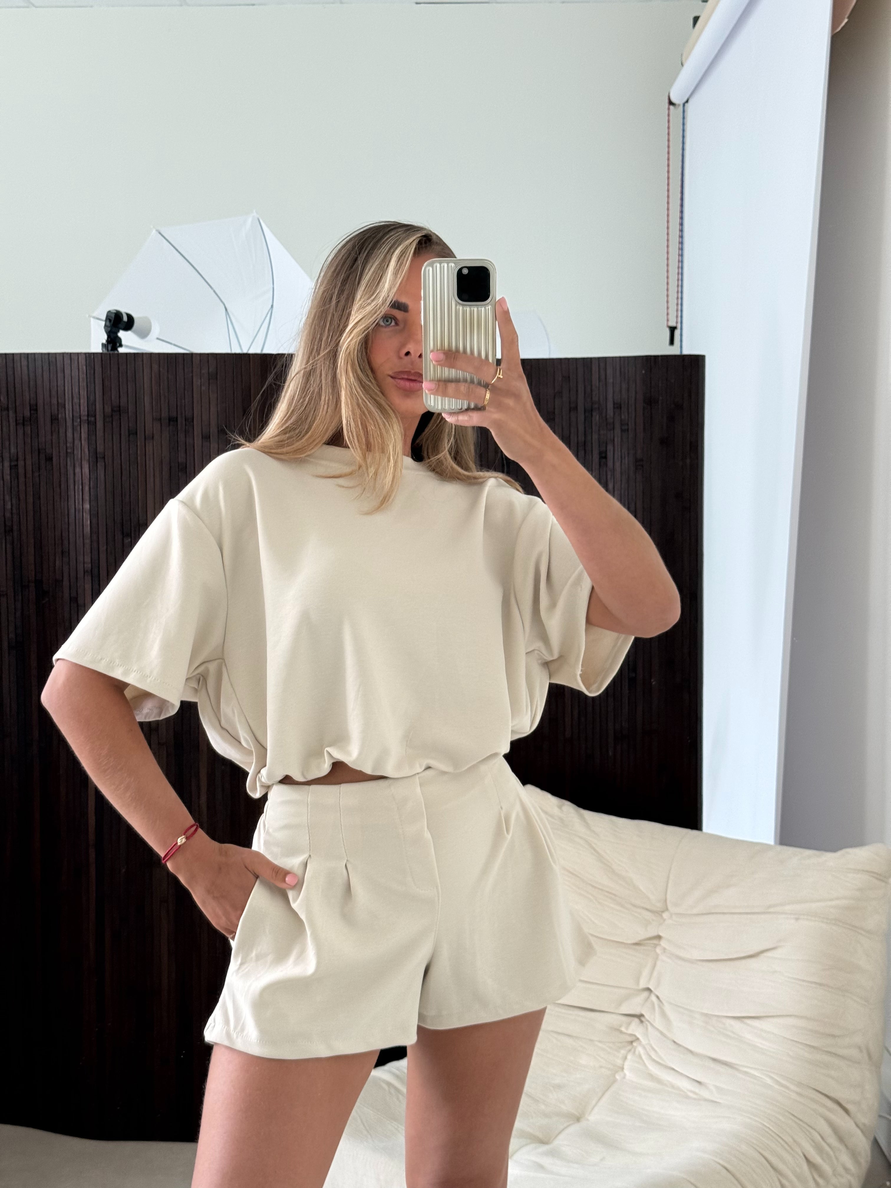 Cropped Two Piece Set Beige